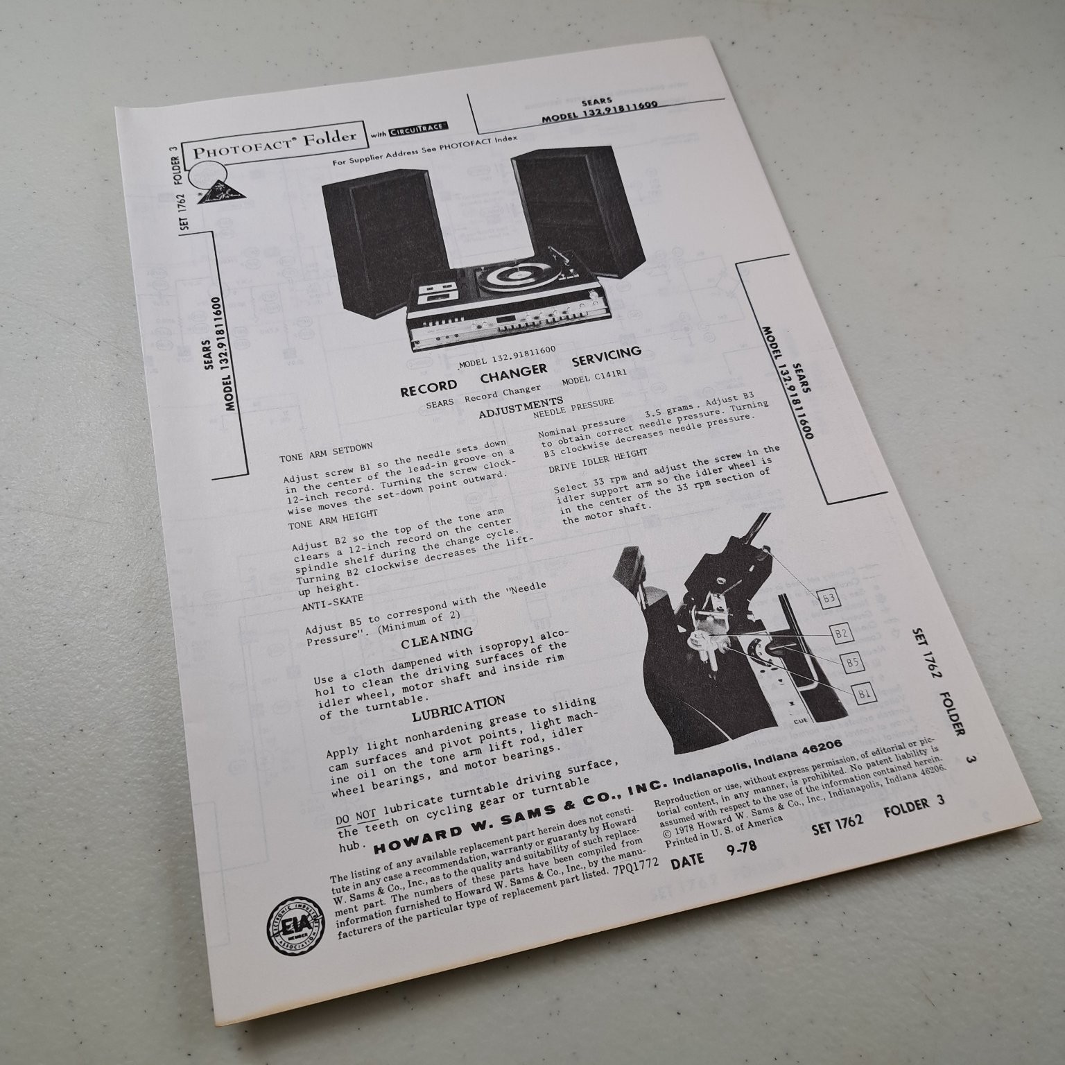 SEARS Manual Record Changer 132.91811600 C141R1 1978 Servicing Illustrated