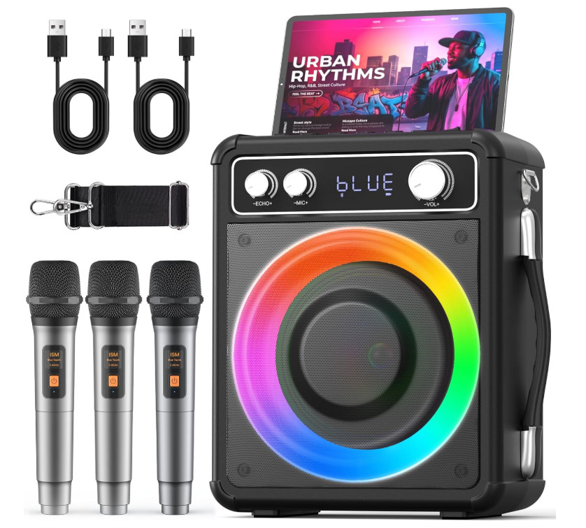 Altavoz karaoke portátil con 3 micrófonos, TWS, eco ajustable, USB, TF y AUX par