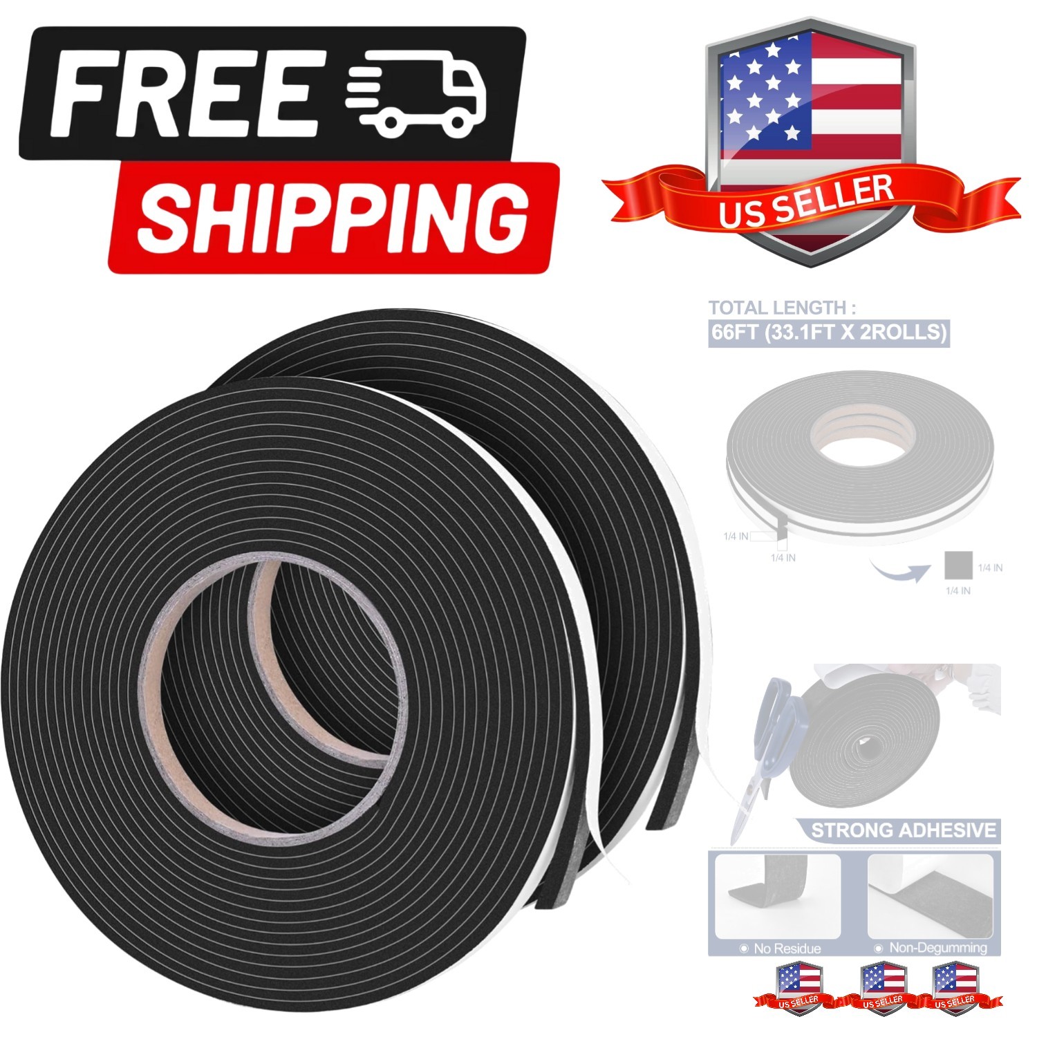 66Ft Foam Tapes Self Adhesive Foam Seal Strips 1/4In x 1/4In x 33.1Ft Each Ro...