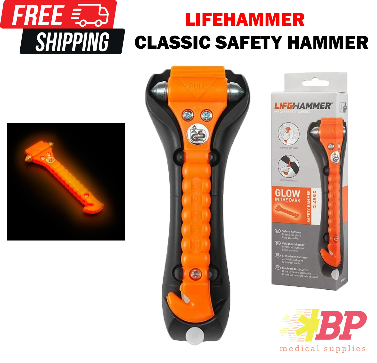 Lifehammer Car Safety Emergency Escape Hammer Classic Glow In The Dark - Orange
