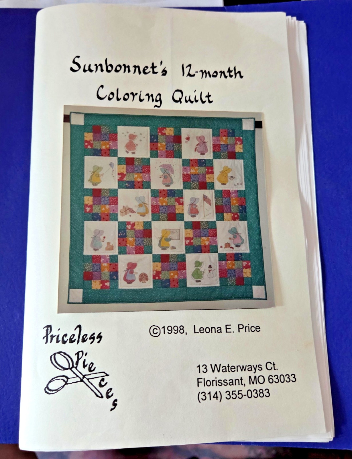 Sunbonnet's 12 Month Coloring Quilt Booklet by Priceless Pieces 1998 Leona Price