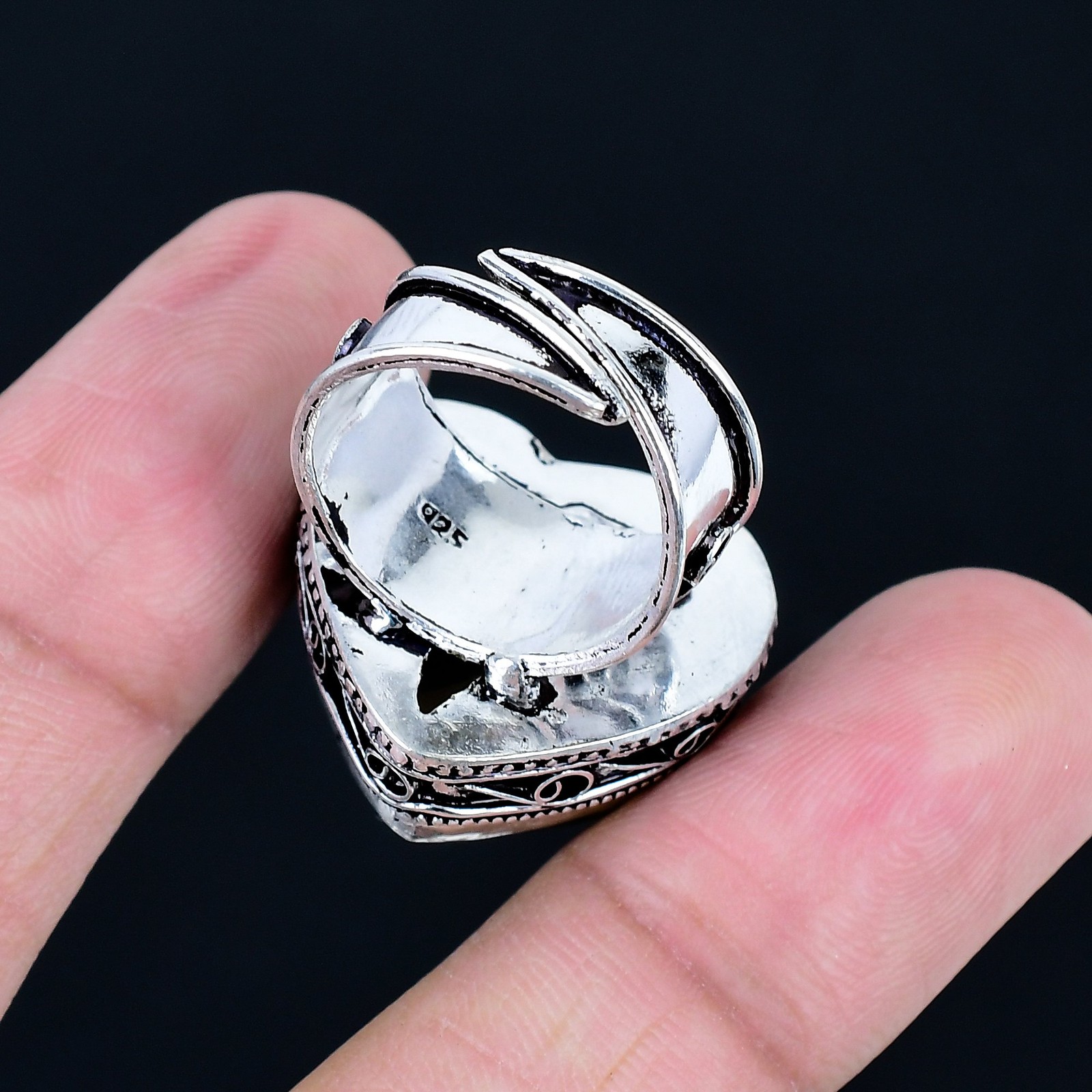 Natural Blue Opal Gemstone 925 Sterling Silver Heart Vintage Adjustable Ring e96