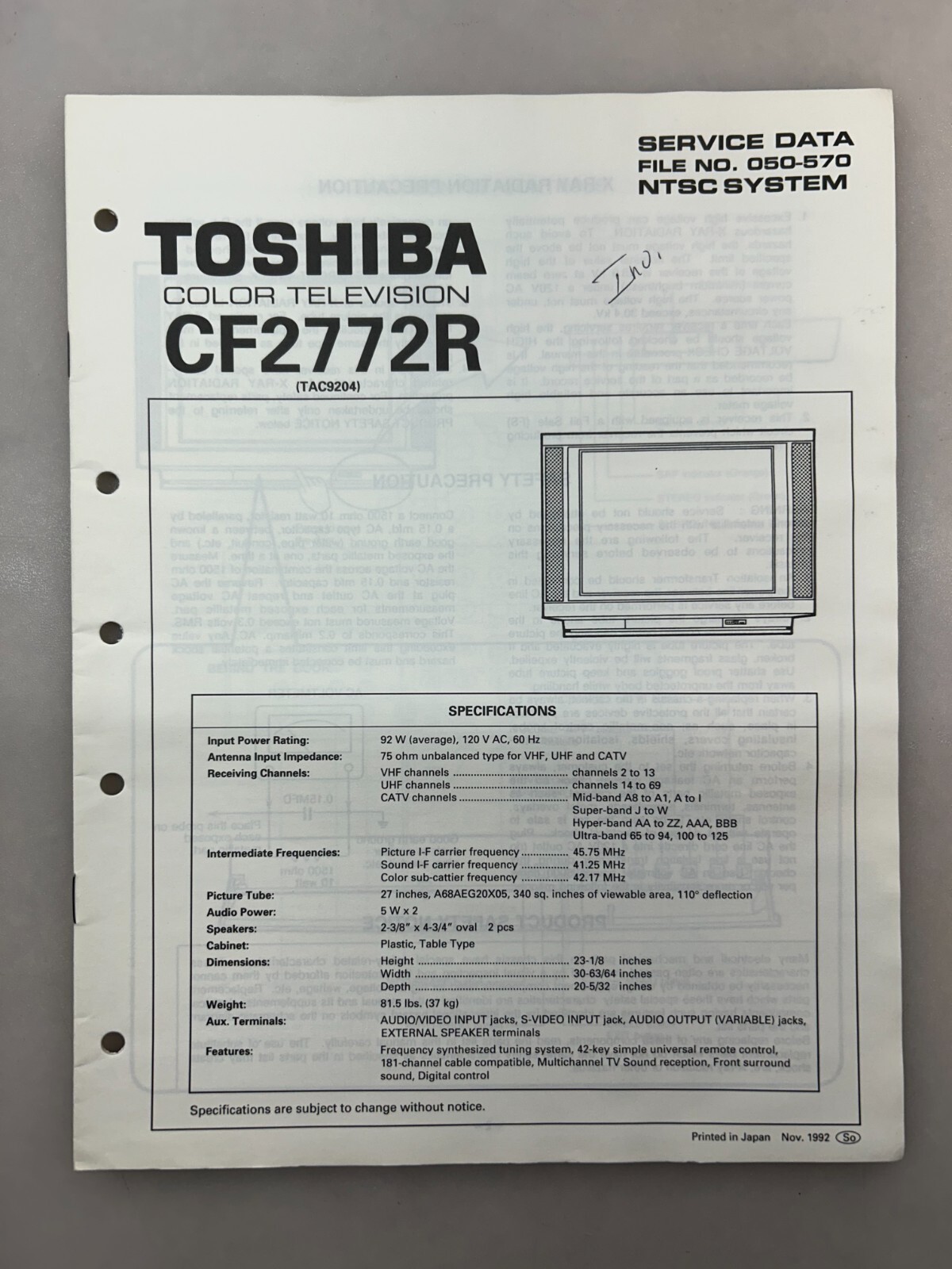 Toshiba CF2772R Original Service Manual Free Shipping