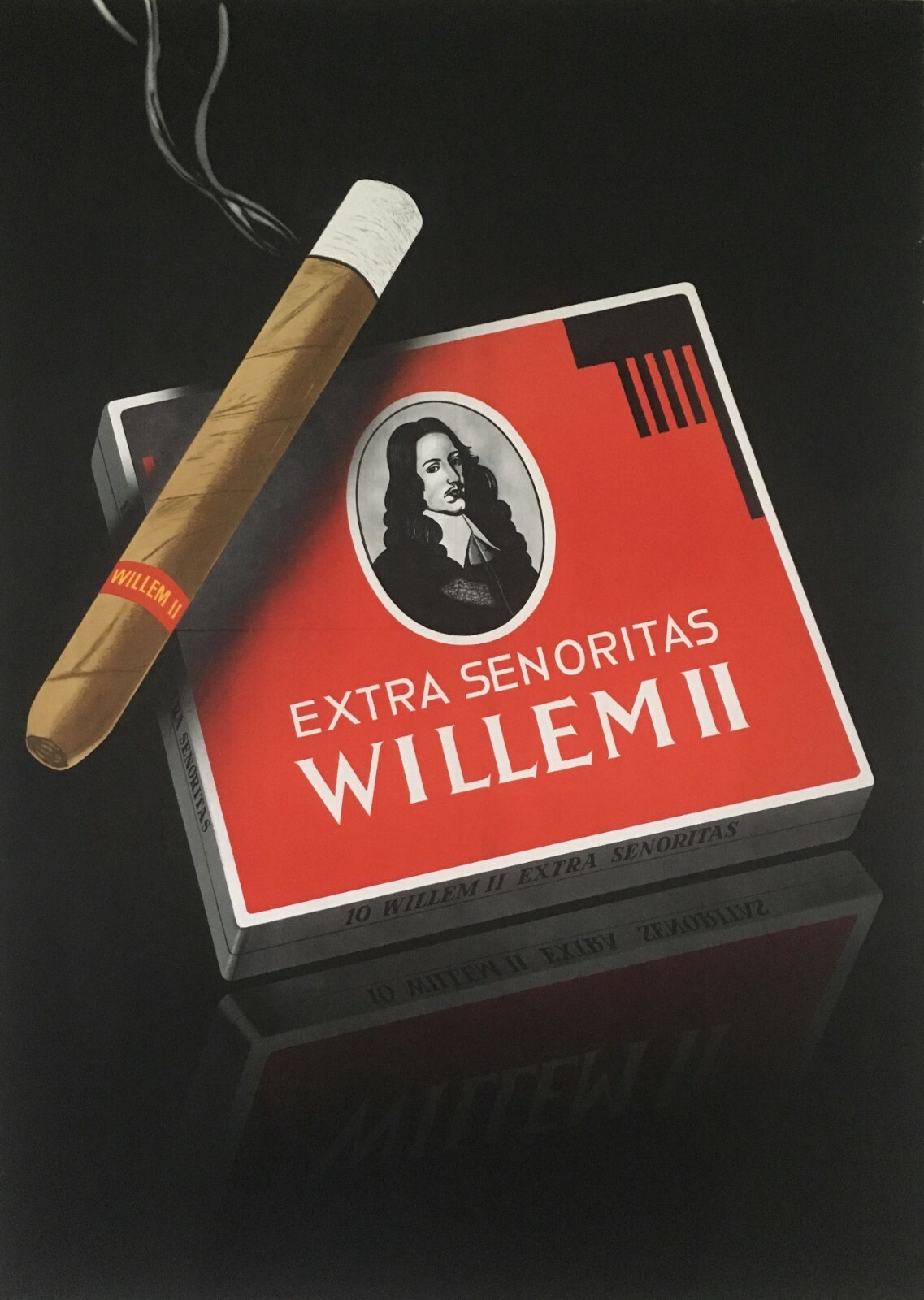Original Willem II Extra Senoritas, Mid-Century Art Deco Cigar Poster