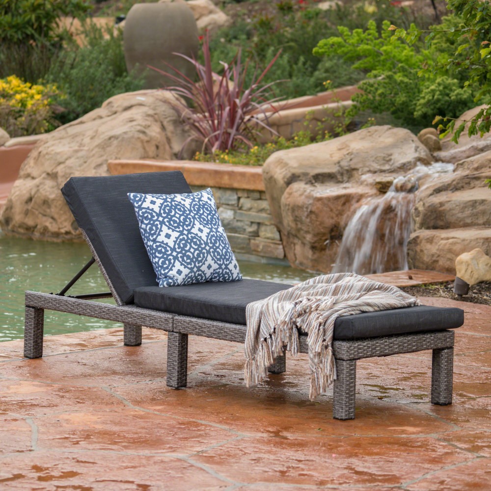 Outdoor Patio Chaise Lounge Cushion Waterproof in Modern Black PE Rattan, 77"