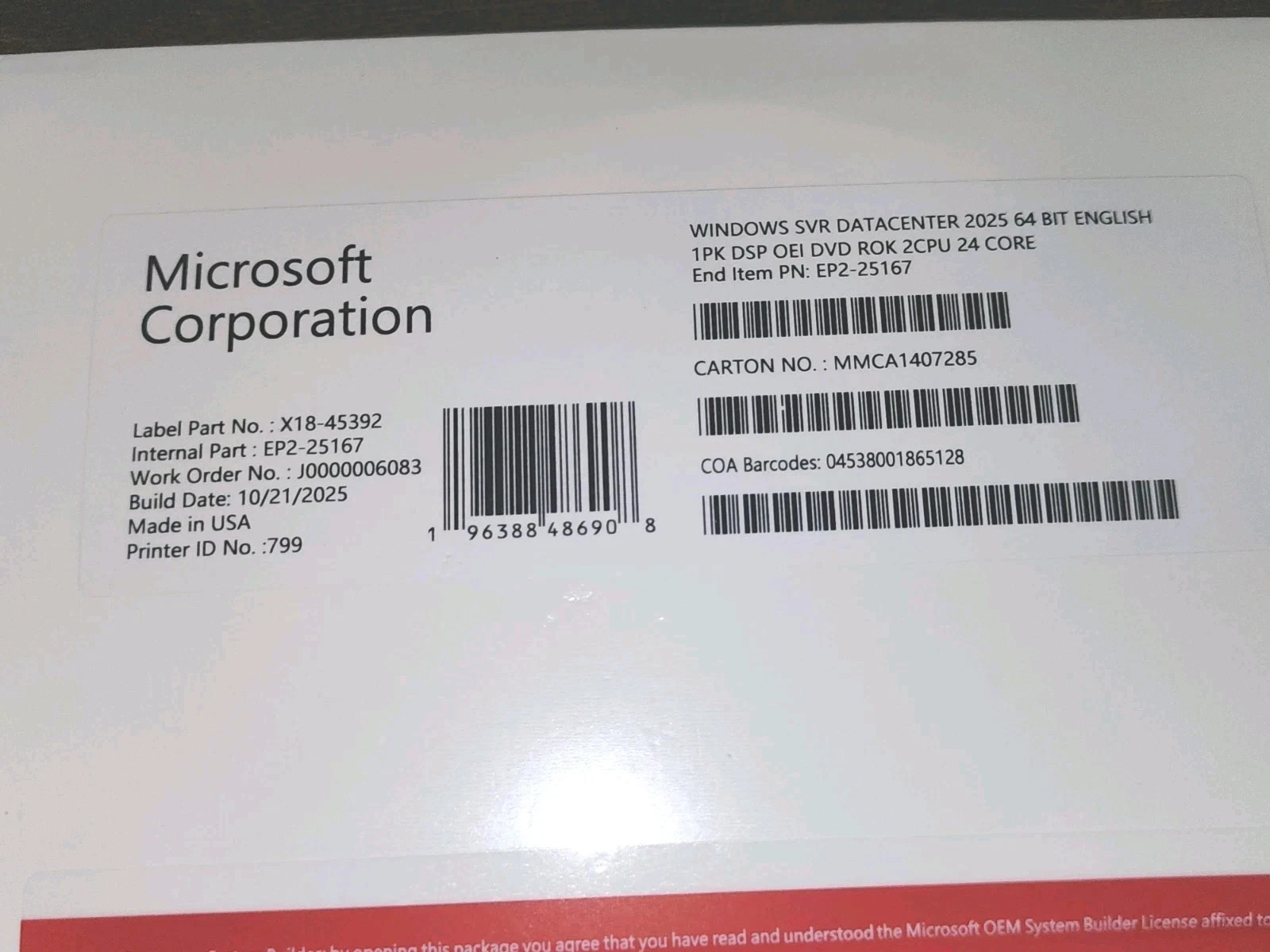 Microsoft Windows Server 2025 Datacenter, 24 Core License, OEM Pack - Genuine