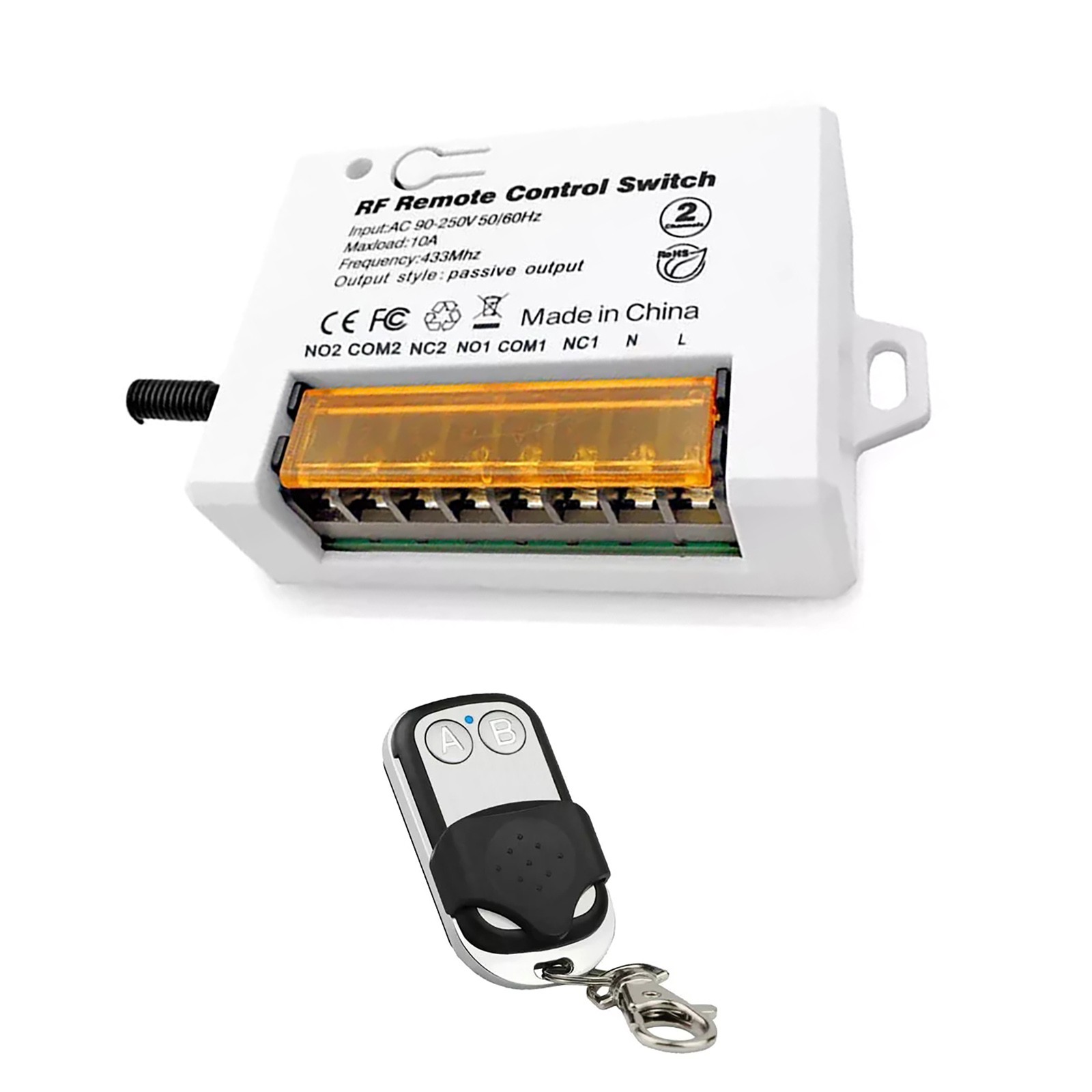 2Ch Relay Receiver Wireless Remote Control Switch for Garage/Gate 110V 220V.