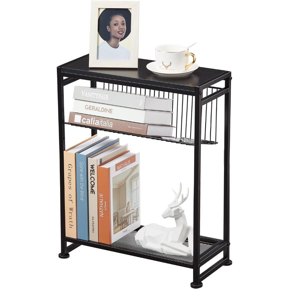 Small Side Table for Small Spaces - Slim End Table with Magazine Holder,Black