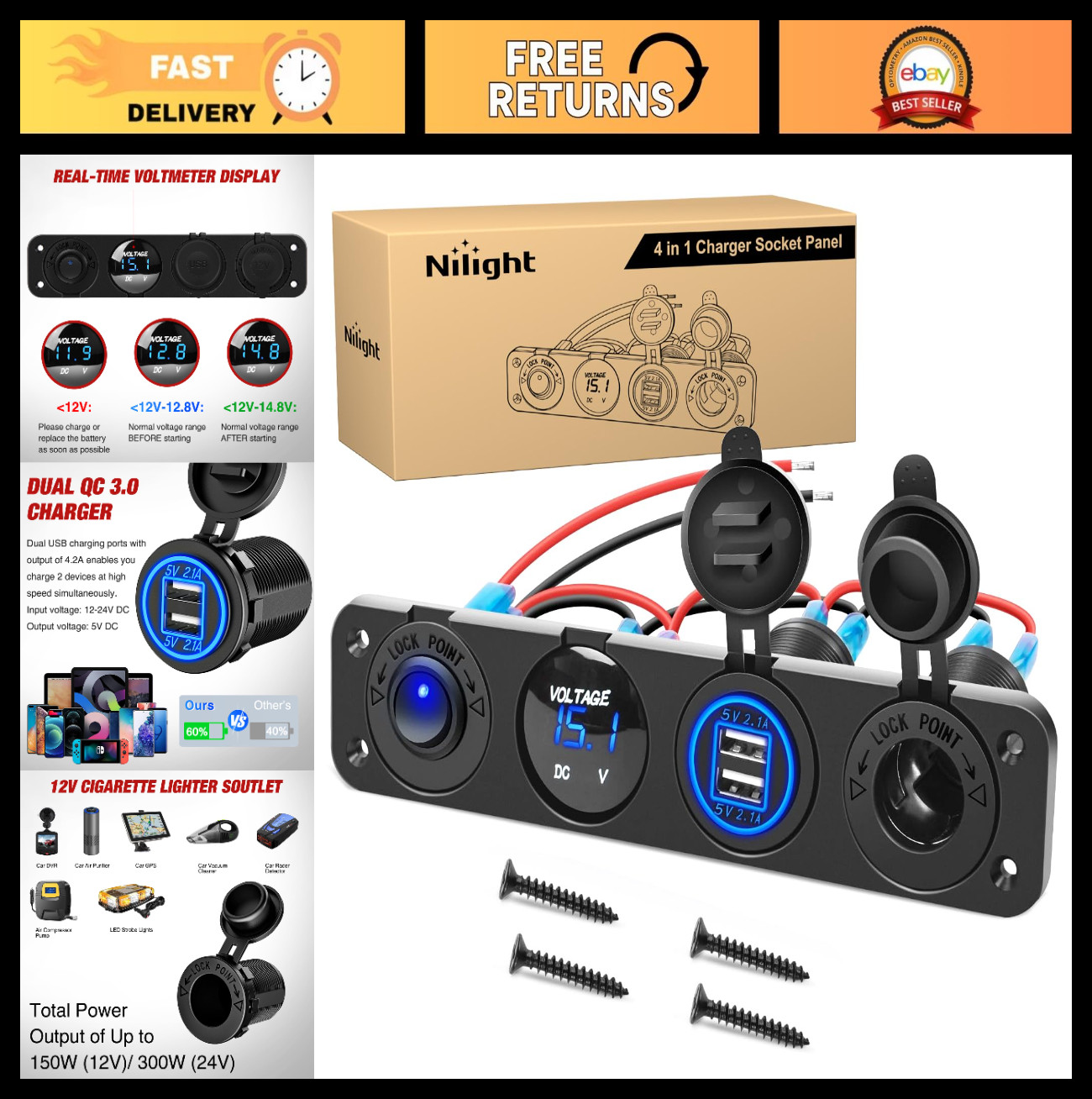 4-in-1 12V DC Outlet Socket Panel with Dual USB, LED Voltmeter & Toggle Switch f