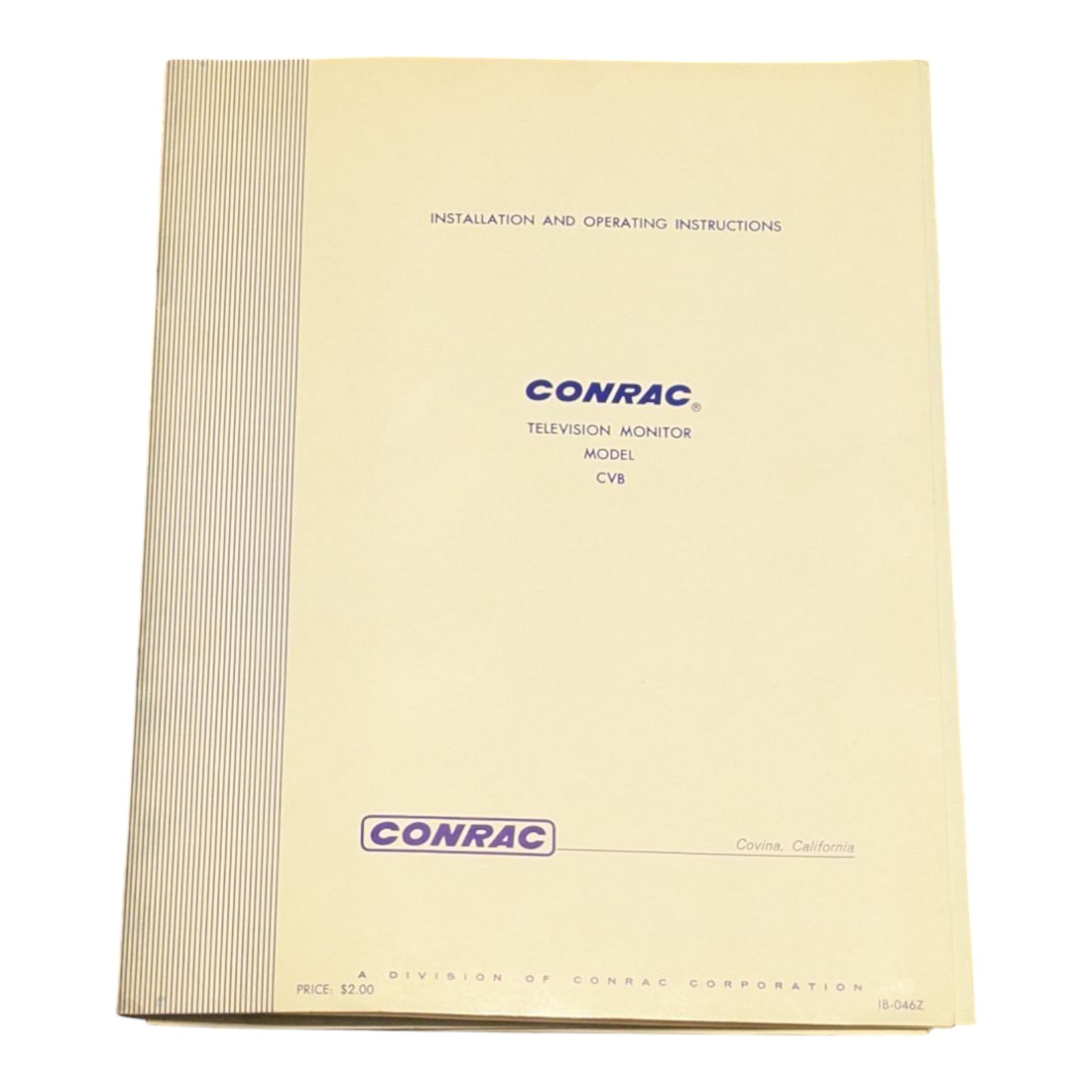 Conrac Television TV Monitor Model CVB Installation Operating Instructions