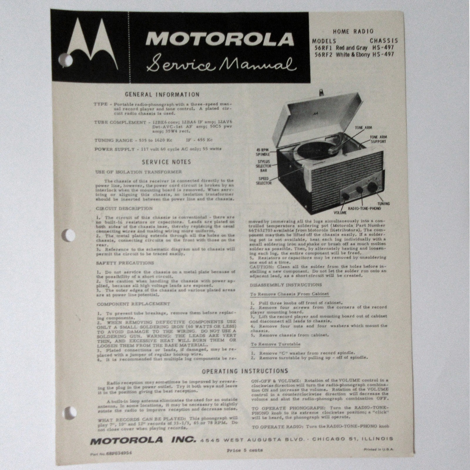 Motorola ® Models 56RF1 56RF2 Record Changer Service Manual © 1950s