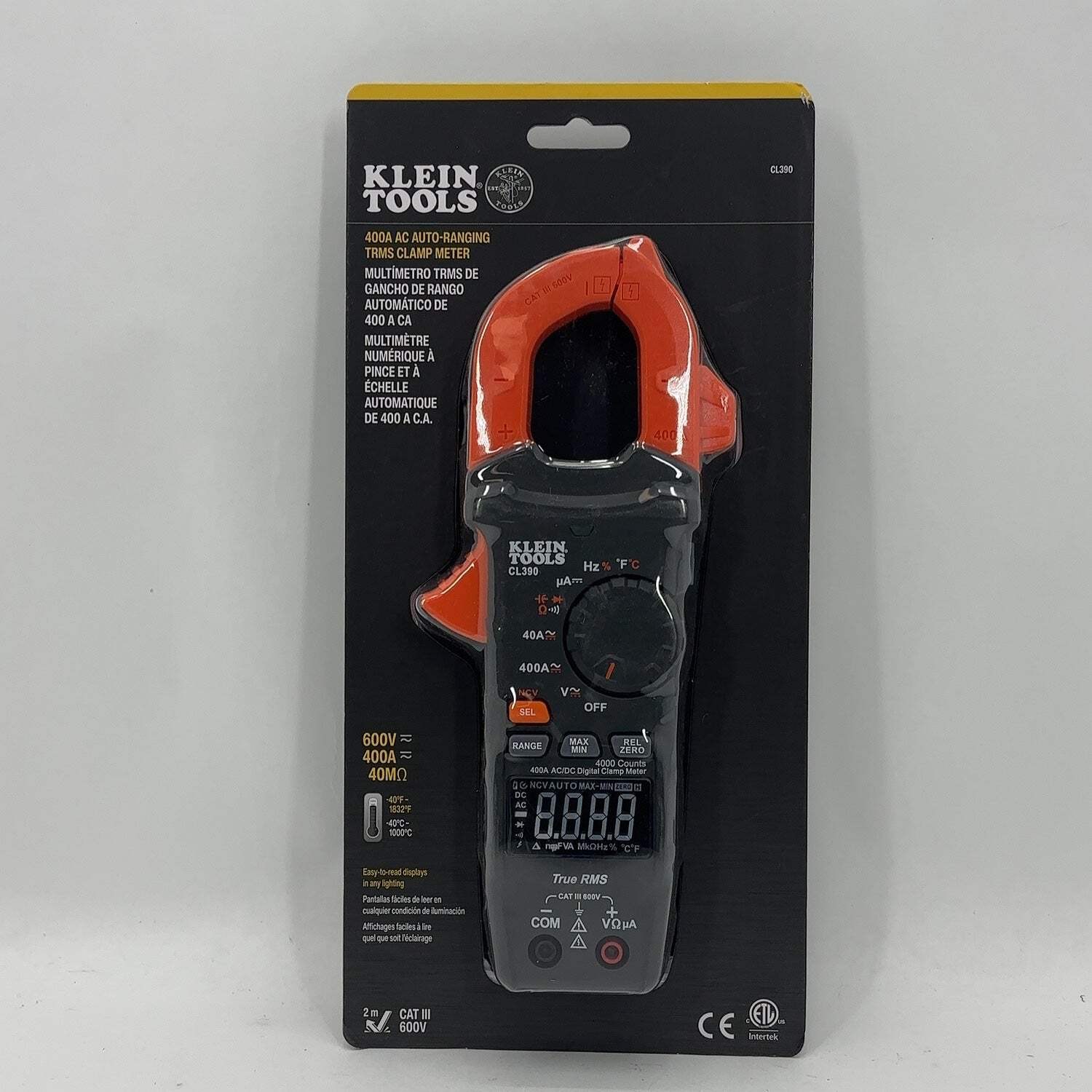 New Klein Tools CL390 600V 400A AC Auto-Ranging TRIMS Clamp Meter