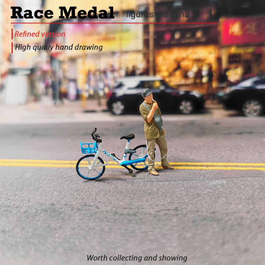 EY 1:64 Painted Figure Mini Model Miniature  Diorama Bicycle Street Boy Khaki