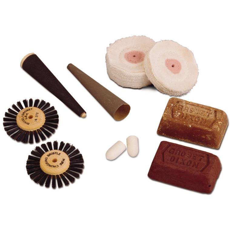 Jewelry Polishing Kit Tripoli Rouge Polish, Cotton Muslin Buffs, Bristle Wheels