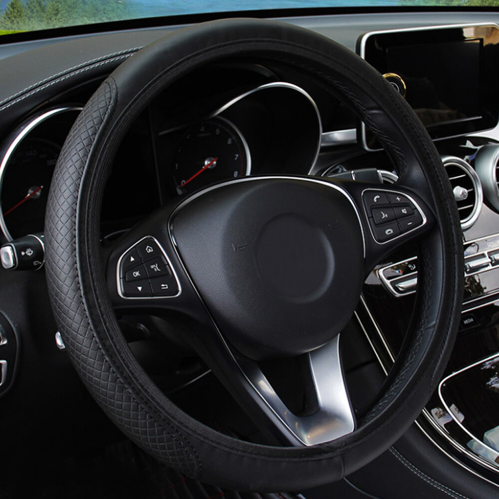 Car Leather Steering Wheel Cover Grip Car Accessories For 15"/37-38CM Black