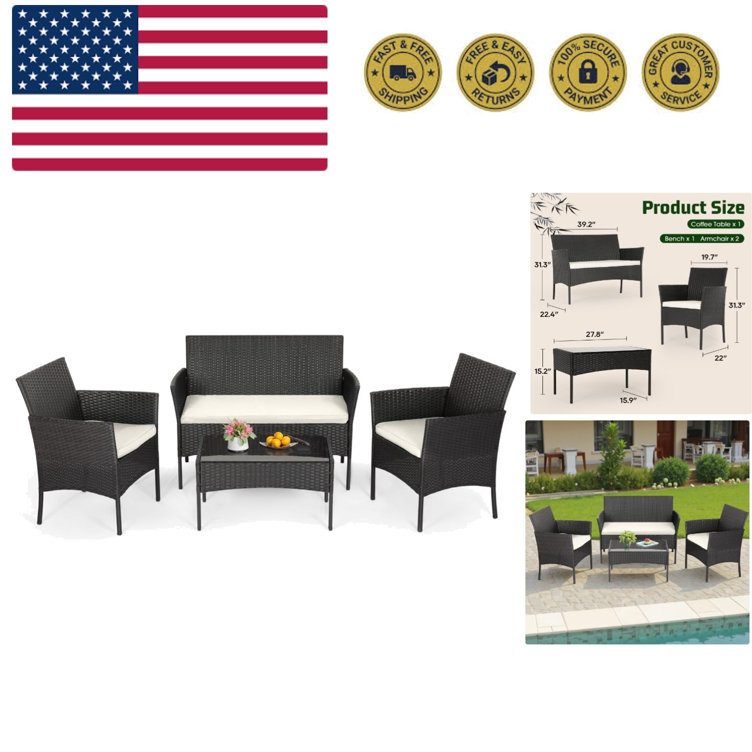 4-Piece Patio Furniture Set | Black | Outdoor Wicker Furniture with Coffee Ta...