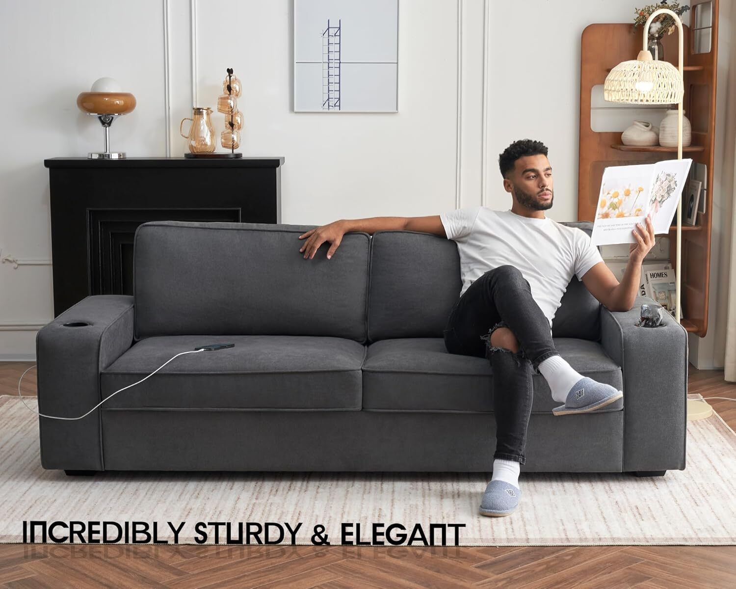 VanAcc Couch,Deep Seat Sofa with USB Charging Ports & Cup Holders,Comfy couch