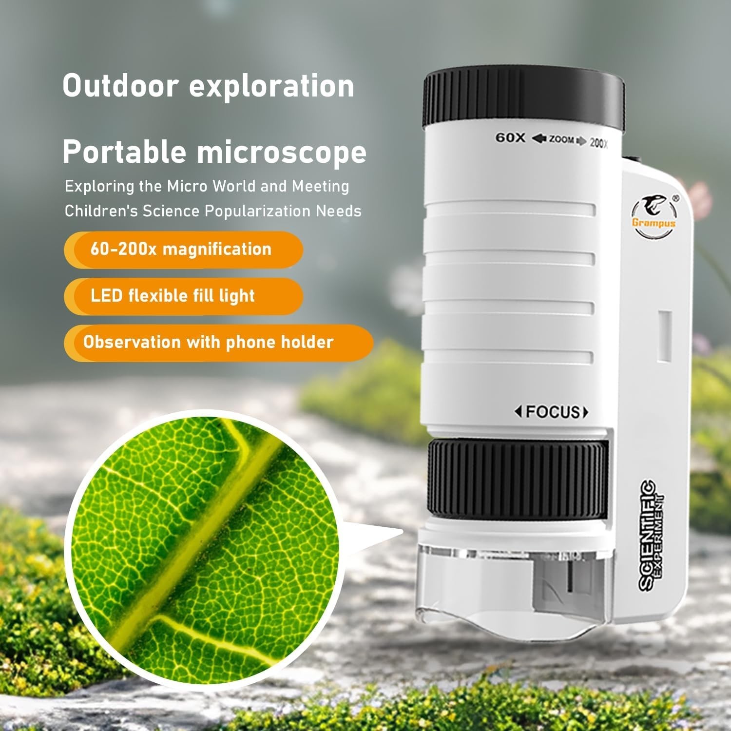 Grampus 60x-200x LED Pocket Microscope Portable Handheld STEM Toy for Kids Adult