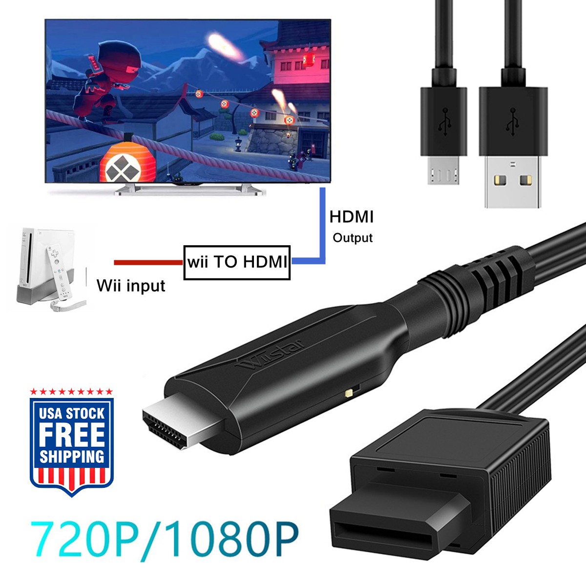 Wii to HDMI Adapter Converter Cable Full HD 1080P Plug & Play for Television PC—