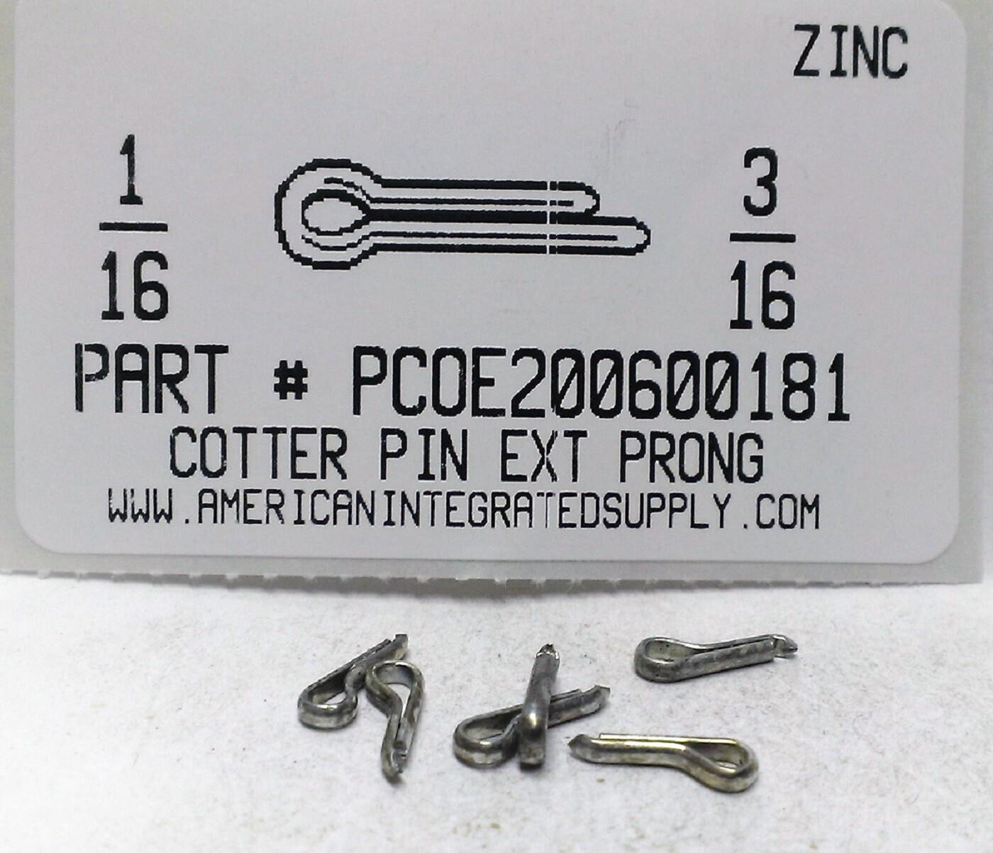 1/16X3/16 COTTER PIN EXTENDED PRONG STEEL ZINC PLATED (100)
