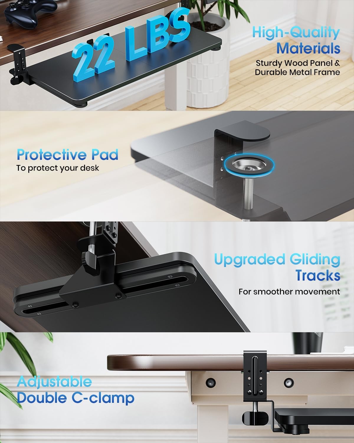 Large Keyboard Tray Under Desk, Pull Out Keyboard & Tray with Adjustable -cla...