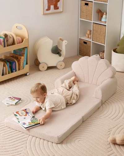 Kids Couch, 2-in-1 Soft Toddler Couch Fold Out, Toddler Chair Beige Shell