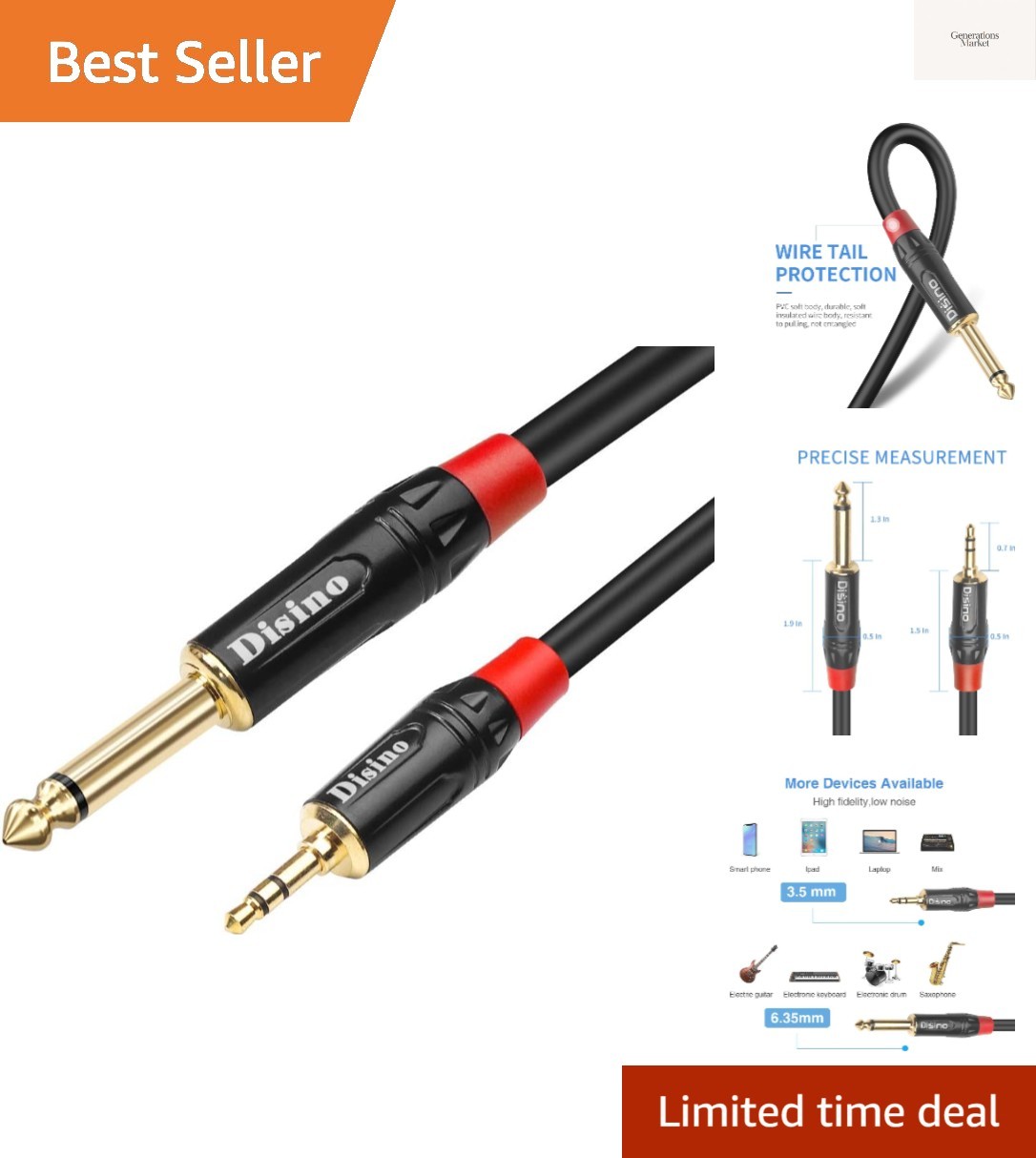 1/4 inch TS to 1/8 inch TRS Cable, 1/4" TS Mono to 1/8 inch3.5mm TRS Stereo I...