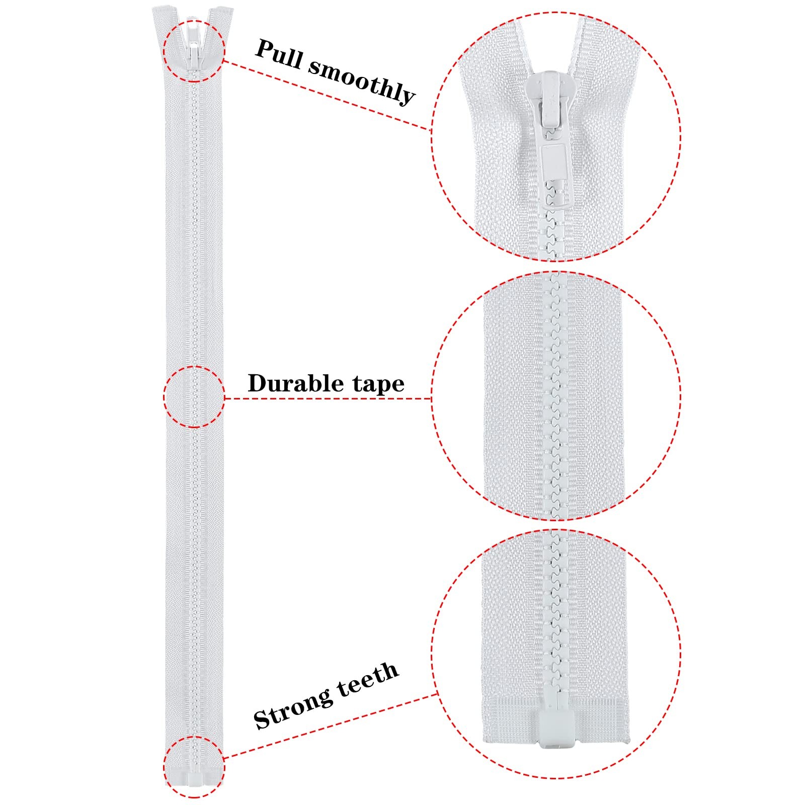 2 PCS 5 Separating Jacket Zippers 41 Inch White Molded Plastic For Sewing