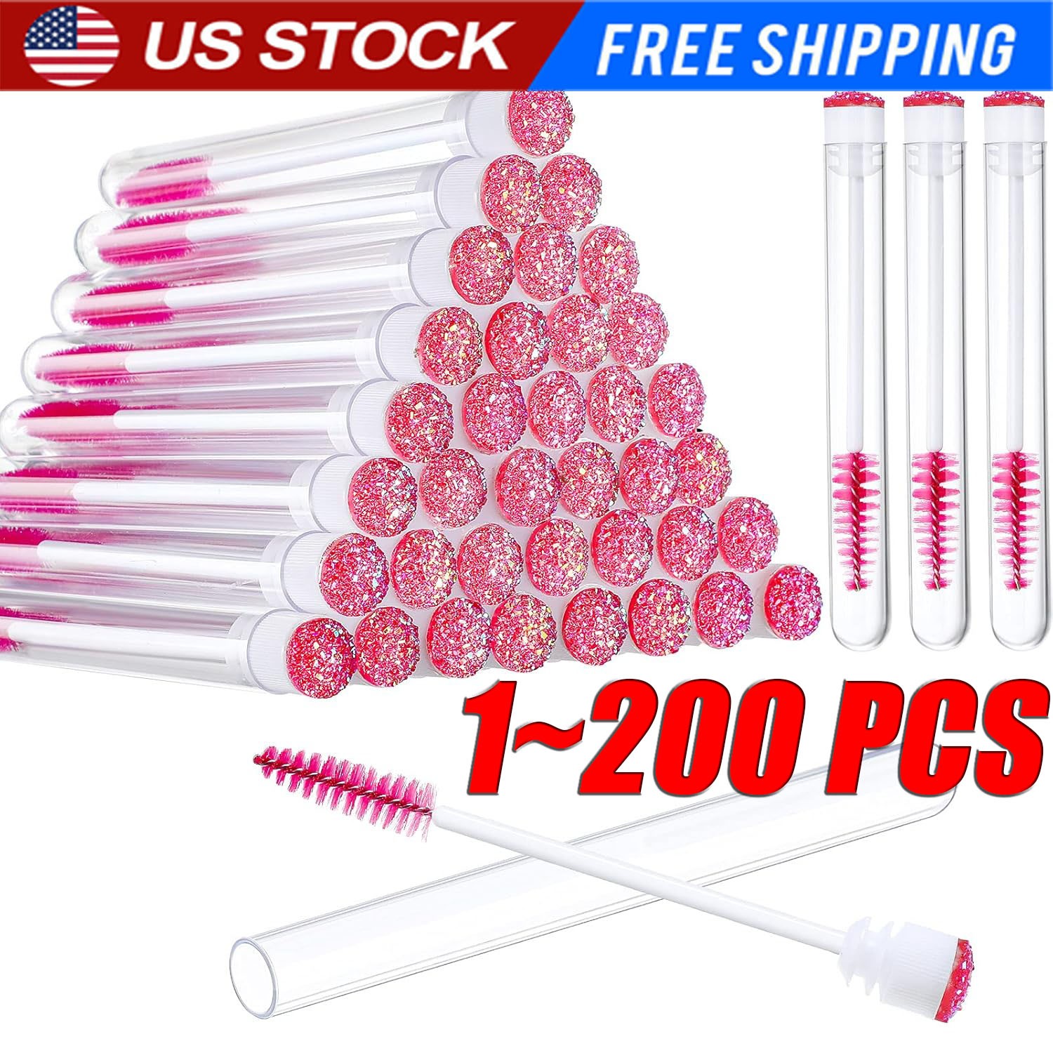 1~200x Count Pink Disposable Mascara Wands - Eyelash Brushes with Tube Spoolies