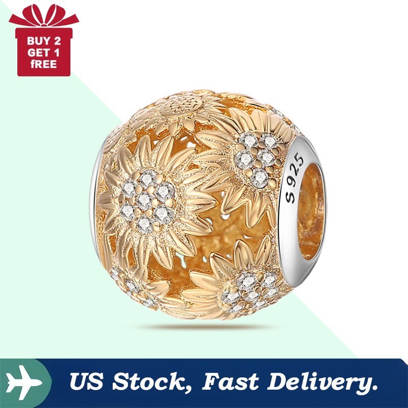 KUNSIR 925 Sterling Silver Gold Sunflower Charm For Bracelet Bead Charm DIY Gift