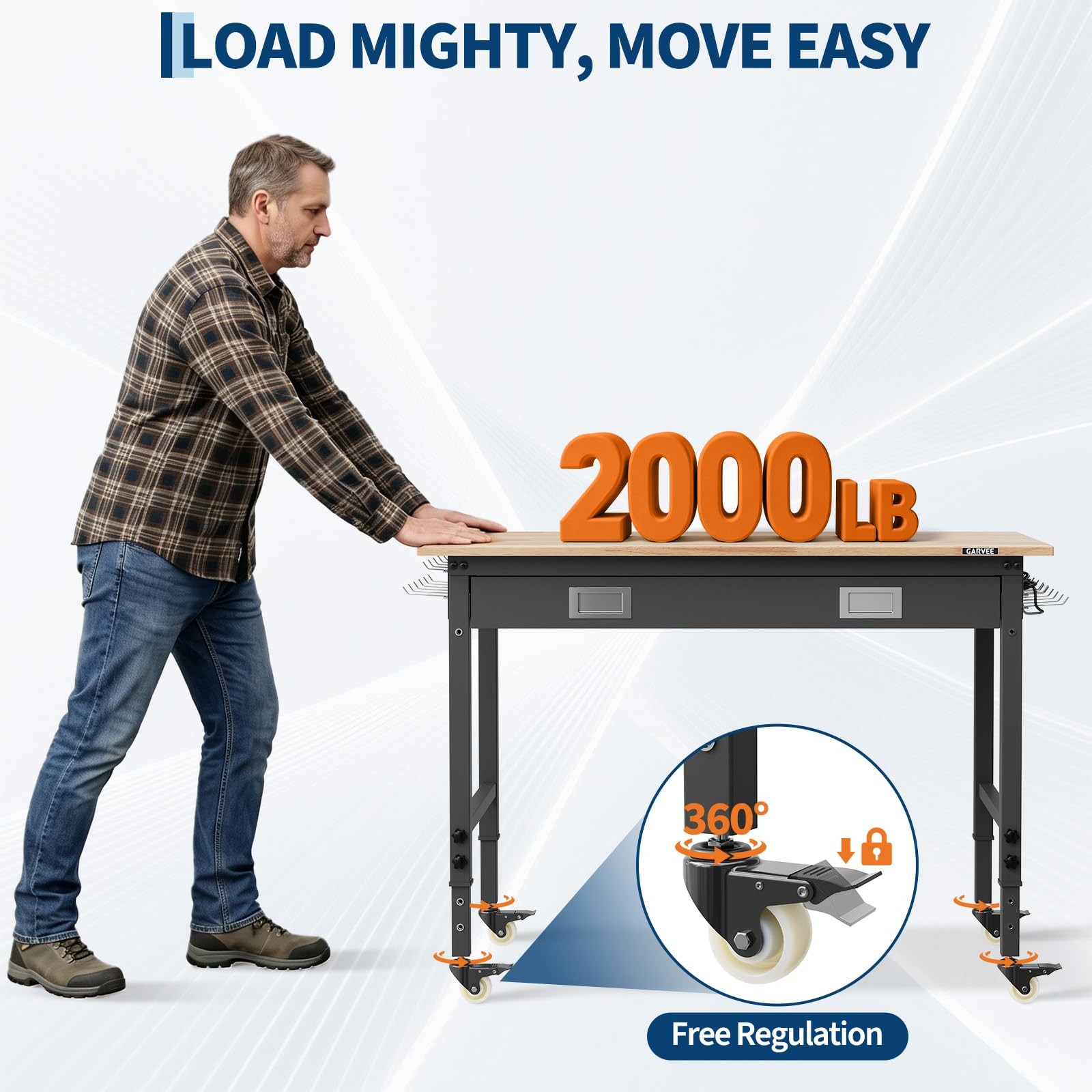48" Workbench Adjustable Work Table Garage 2000LBS with Power Outlets & Drawers