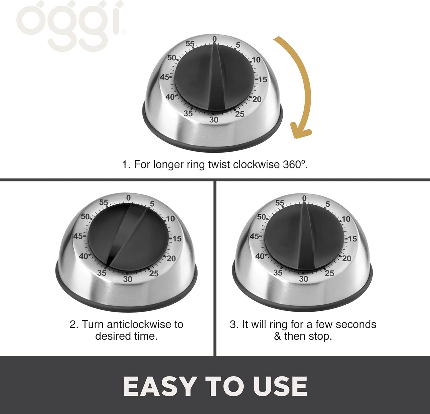 OGGI Countdown 60-Minute Kitchen Cooking Baking Timer Stainless Steel