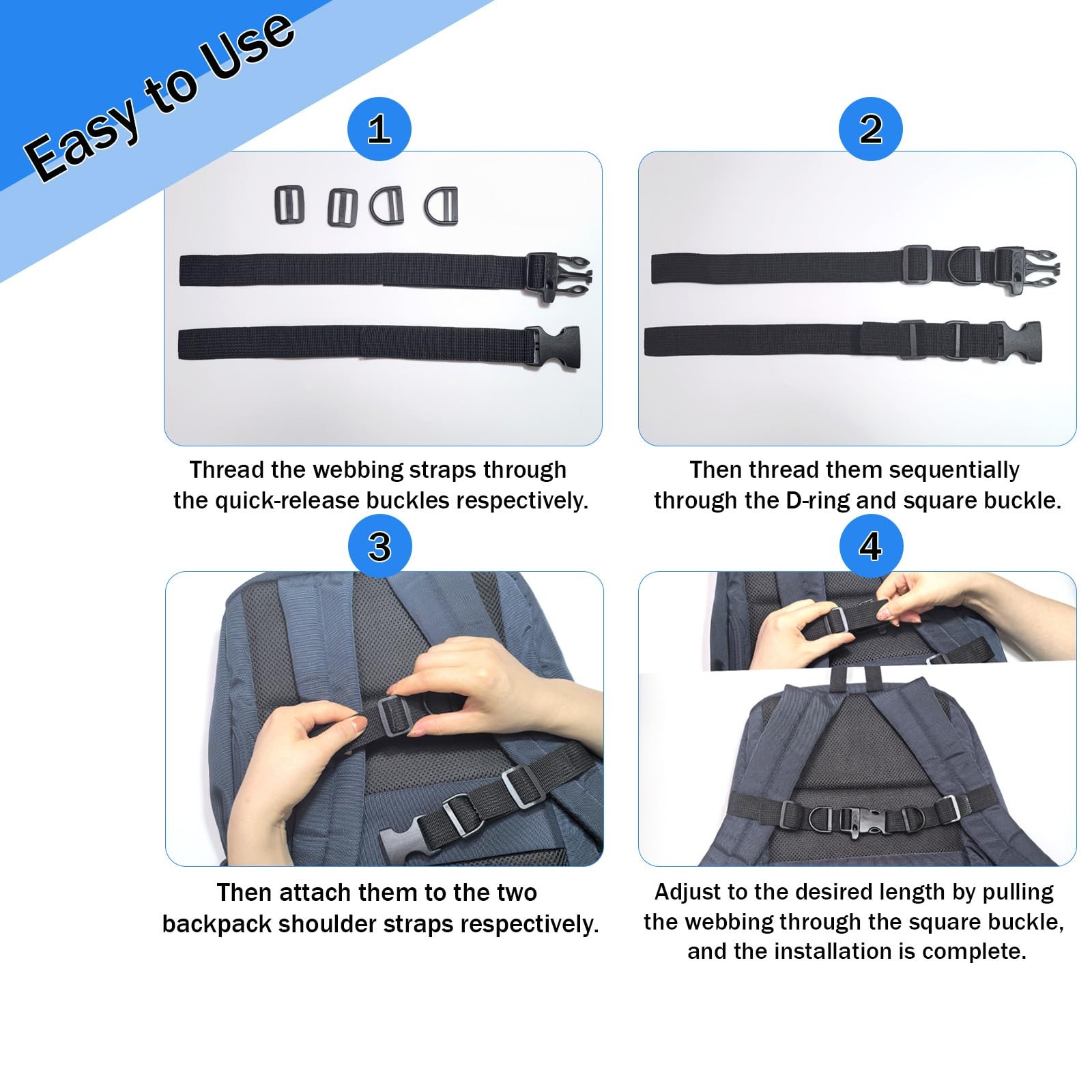 2 PCS Backpack Chest Strap Add on, Adjustable Sternum Adjustable, Black