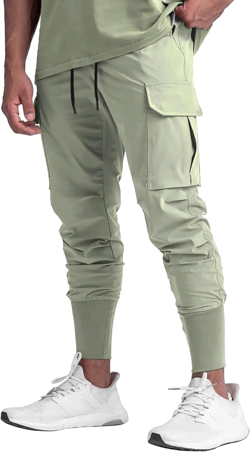 DIOTSR Mens Lightweight Joggers Pants, Cargo Athletic Large, Greyish Green