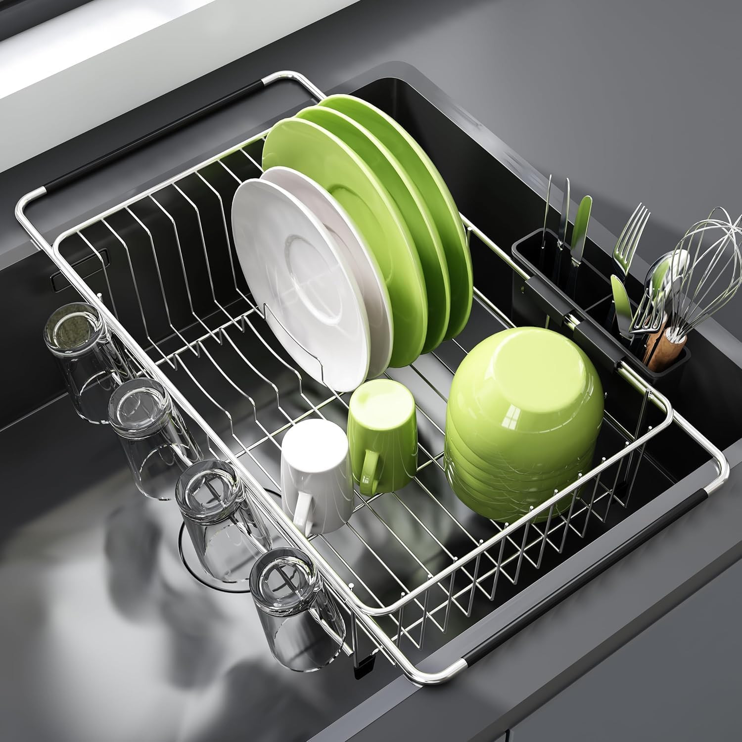 Expandable Stainless Steel Dish Drying Rack Over Sink w Utensil Holder
