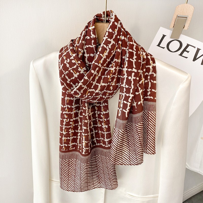 100% Mulberry Silk Long Scarf Women Check Neckerchief Bandana Wrap Tied 140*35cm