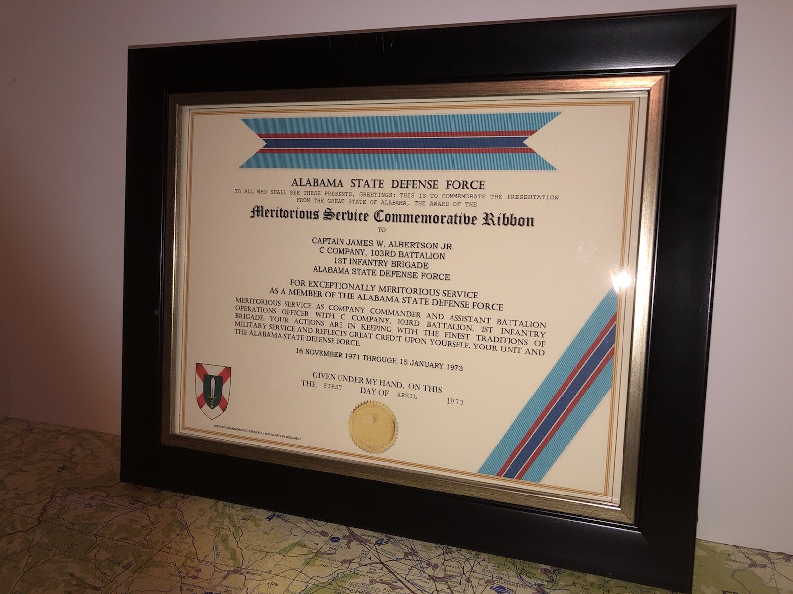 ALABAMA DEFENSE FORCE / MERITORIOUS SERVICE COMMEMORATIVE RIBBON CERTIFICATE