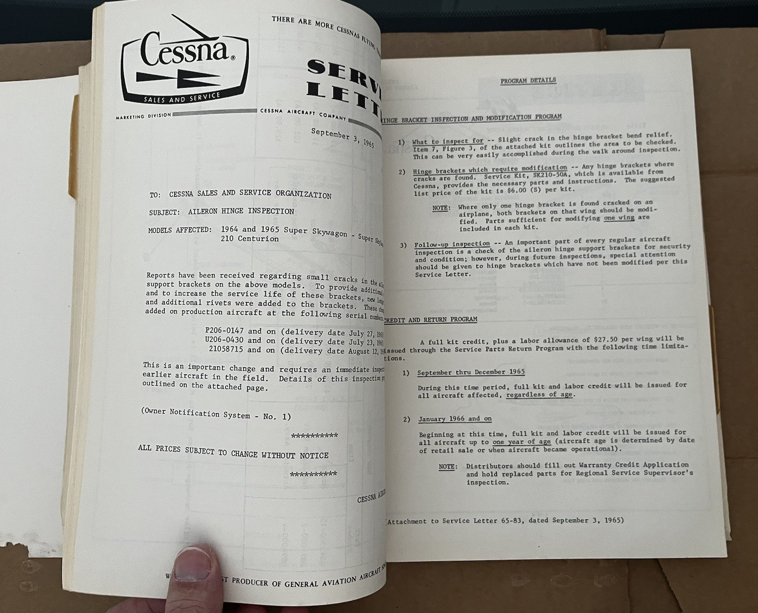 1965 Cessna Service Information Summary Manual All Models, Original Read