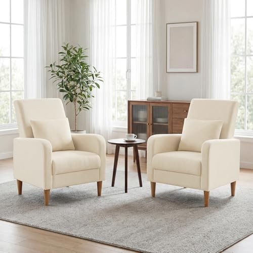 Mid-Century Modern Upholstered Accent Chair with Back Set of 2 Beige Fabric