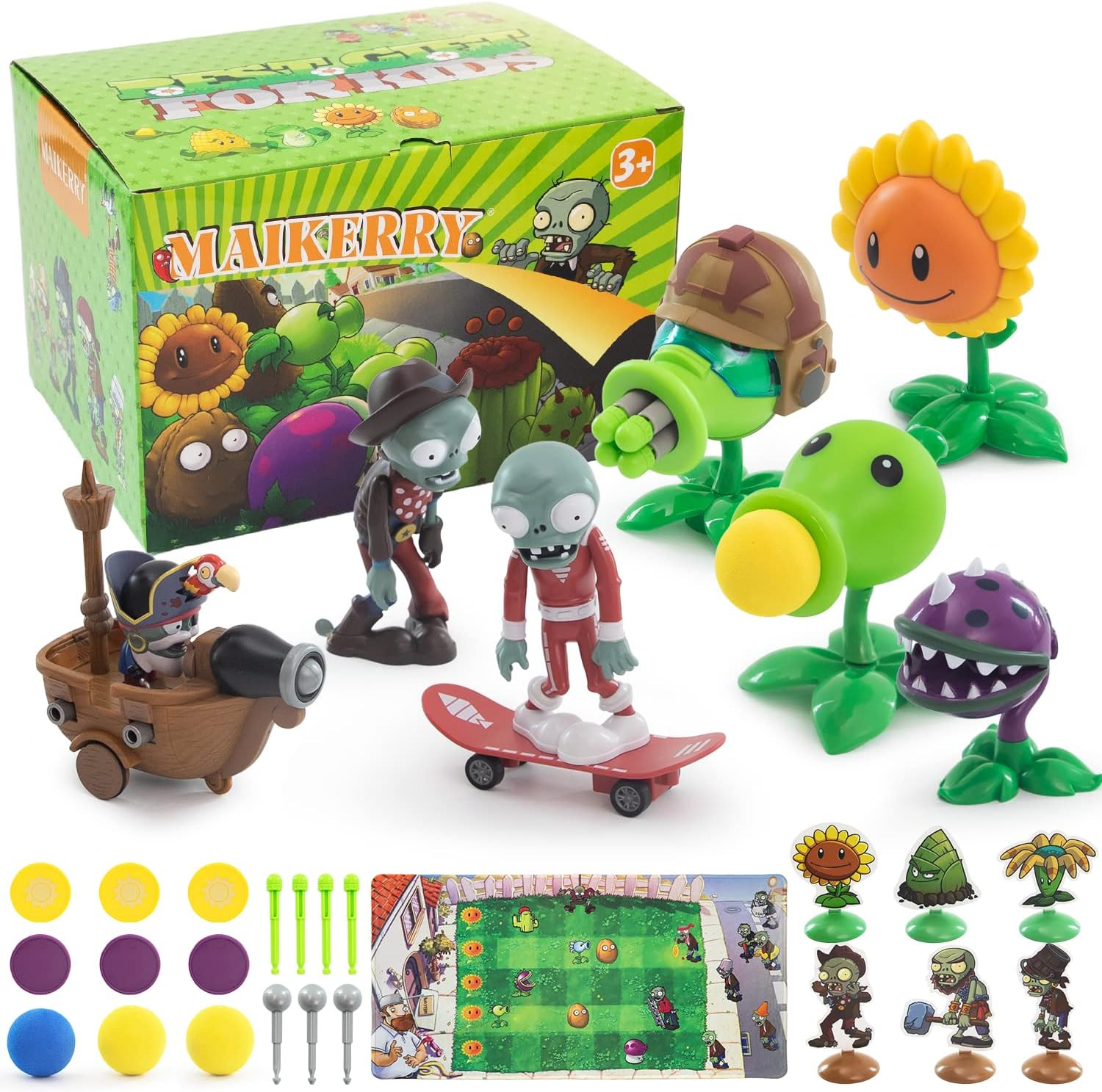 7Pcs PVZ  Plant vs Zombies Figures Set Plants Toys Gifts - With Battlefield Map