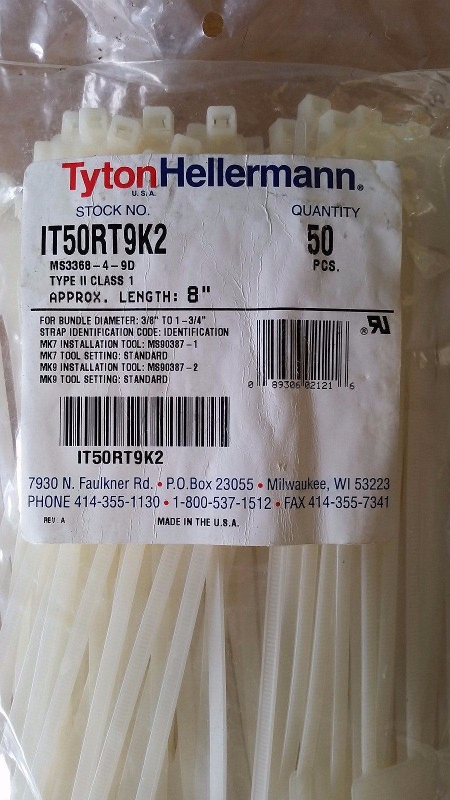 8" x3 Identification Labeling Cable Zip Ties, Tyton Hellermann IT50RT9K2 -pkg 50