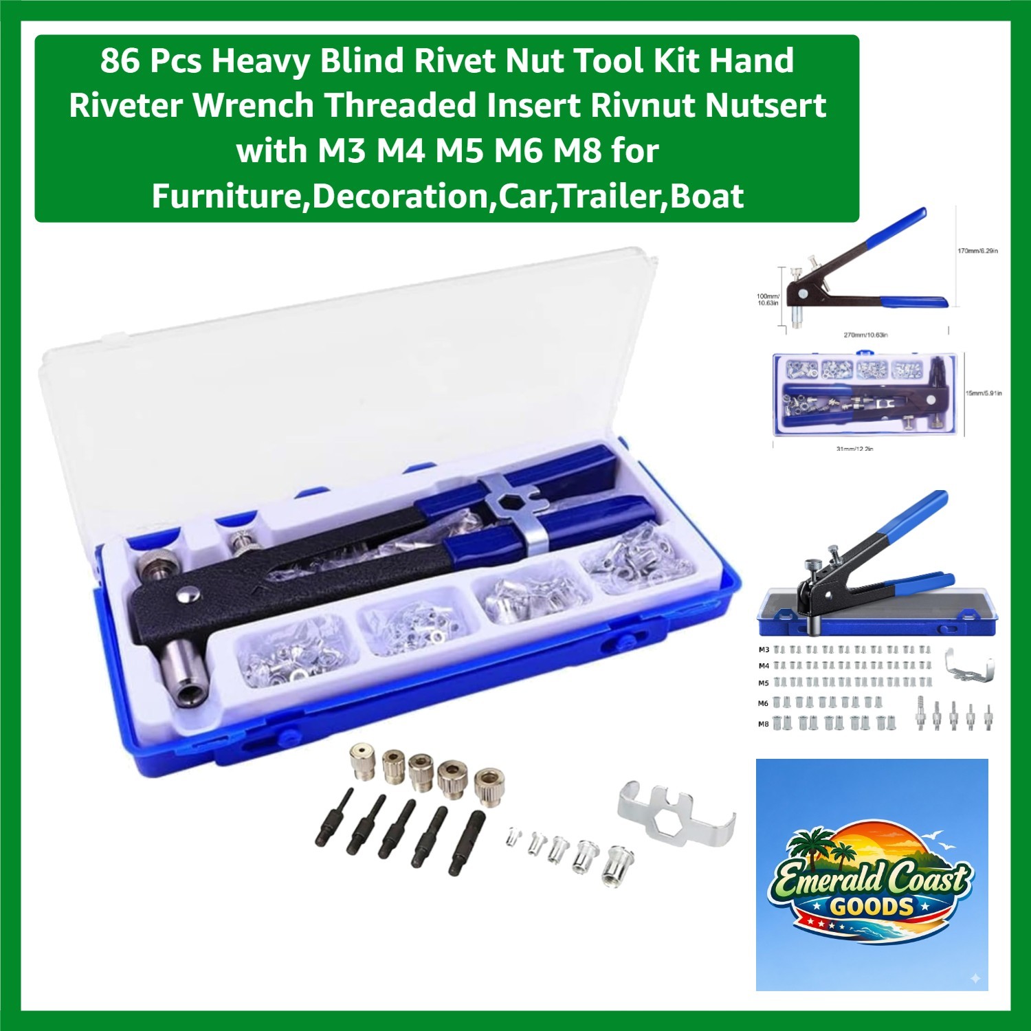86 Pcs Heavy Blind Rivet Nut Tool Kit Hand Riveter Wrench Threaded Insert Riv...