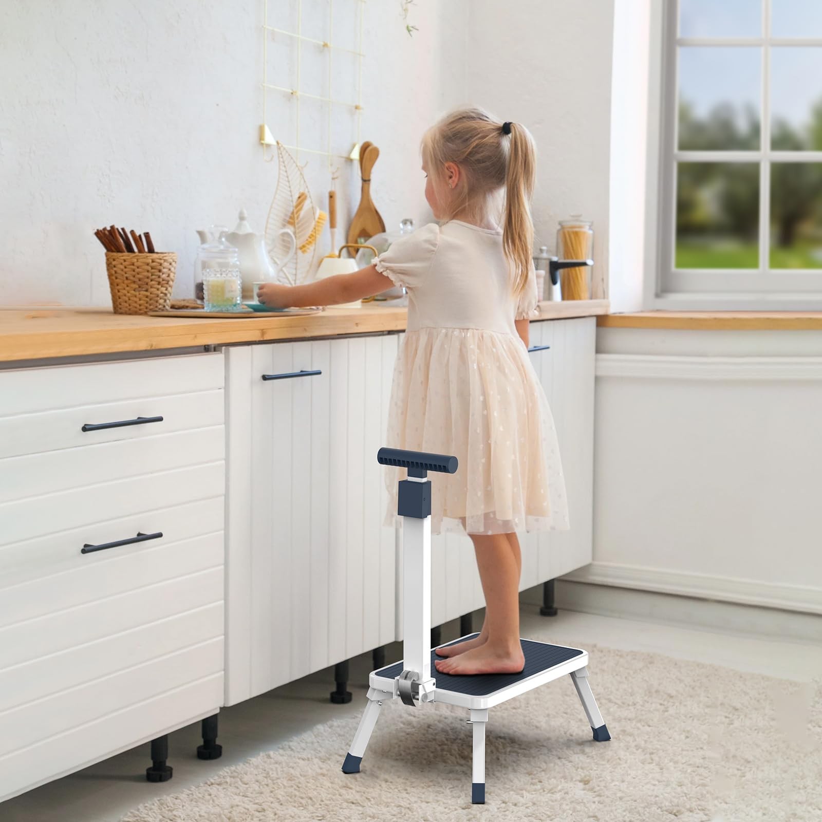 Folding Step Stool with Handle for Elderly Adults - Portable Metal Stepping