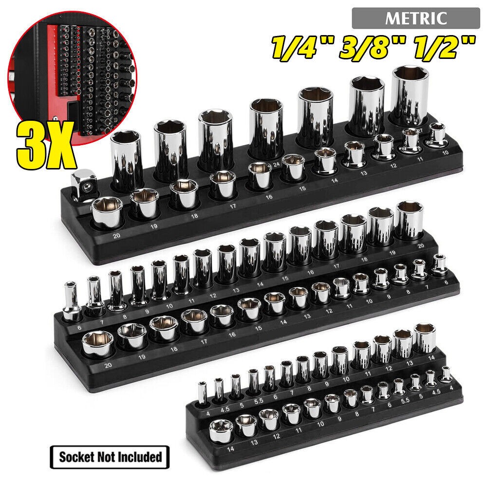 Black 1/4" 3/8" & 1/2" Drive Metric Magnetic 3pc Socket Holder Storage Organiser