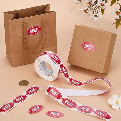 500Pcs Labels 1x1.8Inch Beef Oval Adhesive Stickers Grocery Store Beef Food