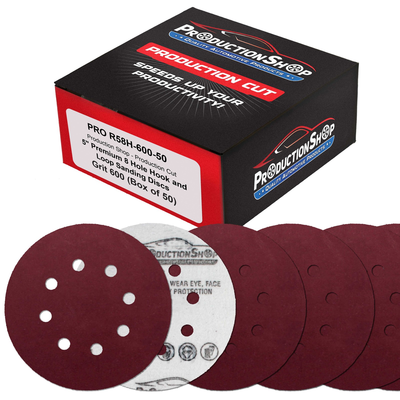 5" Red 8-Hole 600 Grit Sanding Discs, Box of 50 - Hook & Loop Backing Sandpaper