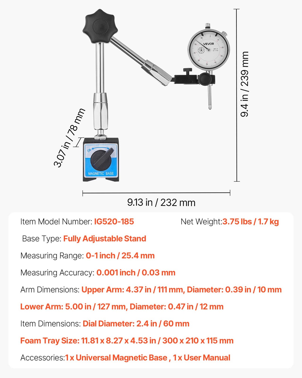 VEVOR Dial Test Indicator Magnetic Flexible Base 0.001in Accuracy 0-1 Range