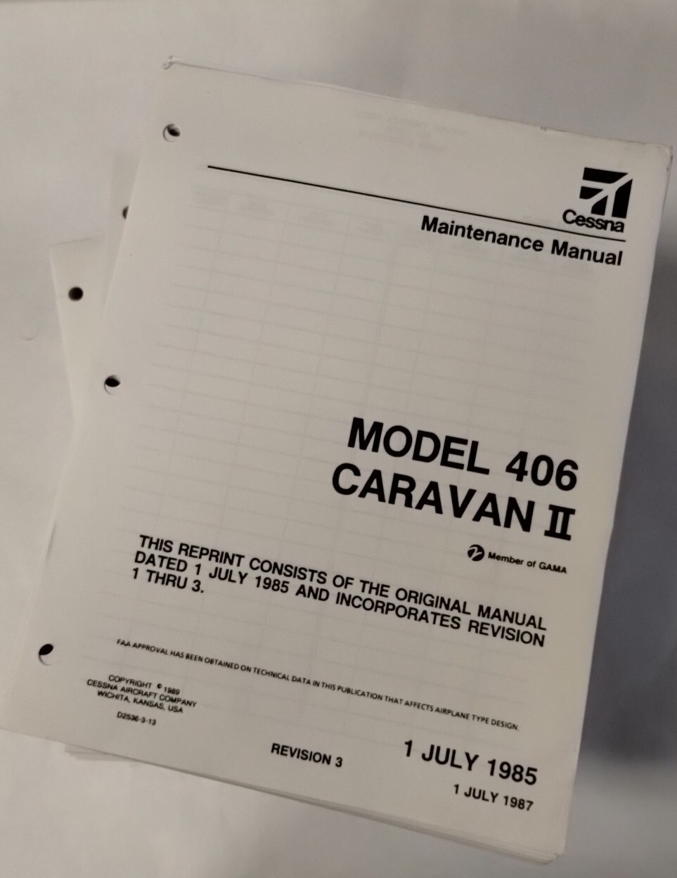 Cessna Model 406 Caravan II Maintenance Manual July 1, 1987-3 Volumes-Original