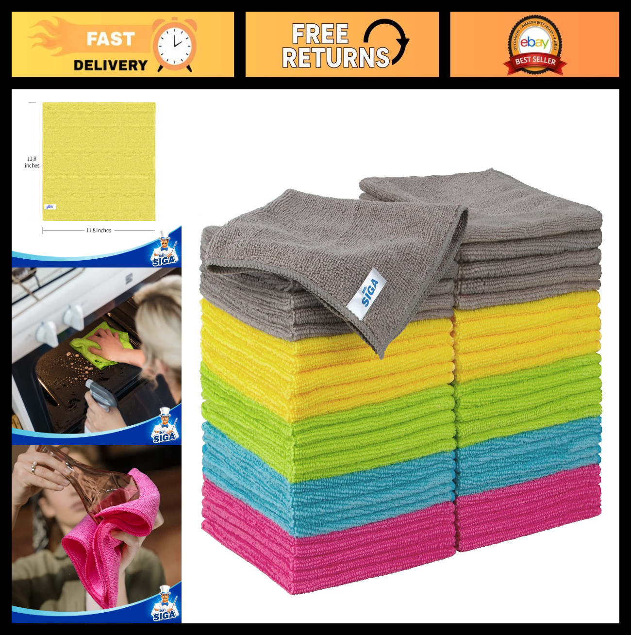 50 Pack Microfiber Cleaning Cloths - All Purpose Reusable Towels, 5 Colors, 30x3