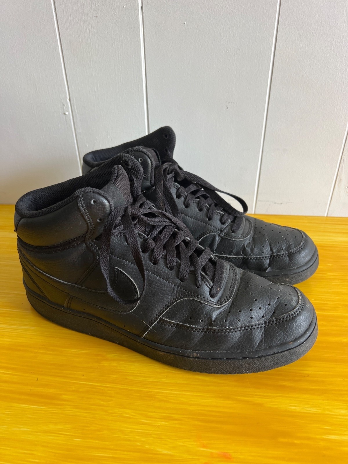 Nike Court Vision Triple Black Mens Black High-Top Leather Sneakers Size 9.5